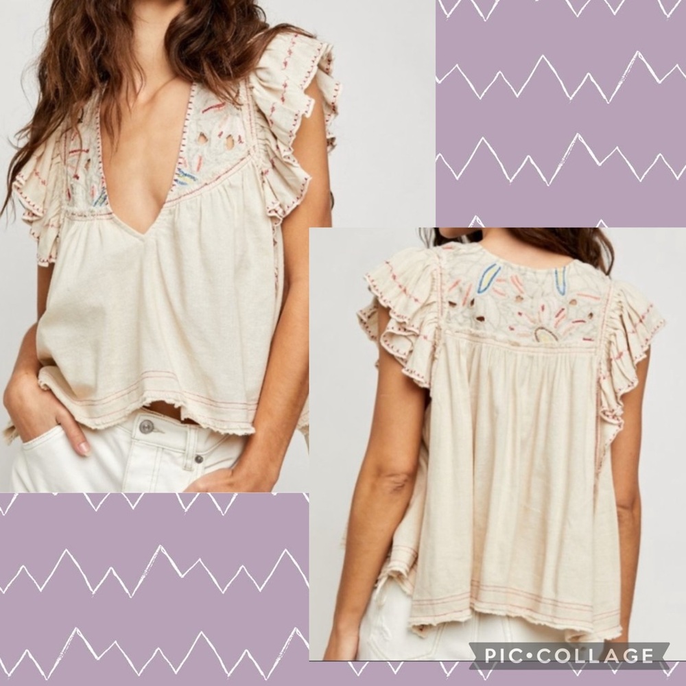 Free People Women’s XS Cream Colorful Hailey Embroidered Crop Top